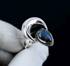 Handmade 925 Sterling Silver Labradorite Ring Crescent Moon Design for Women