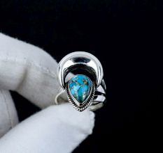 Blue Copper Turquoise Moon 925 Sterling Silver Ring Handmade Boho Jewelry