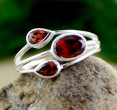 Handmade Three Red Garnet Ring 925 Sterling Silver Boho Jewelry