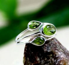 Three Green Peridot 925 Sterling Silver Ring Handmade Boho Jewelry