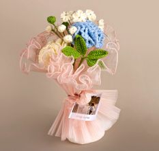 Serene Blue Crochet Bouquet With Soft Lighting