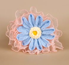 Baby Blue Crochet Daisy On Pink Mesh With Ivory Accent