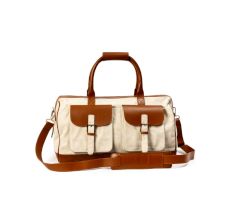 Vintage Beige And Brown Vegan Leather Duffle Bag