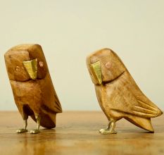Handcarved Wooden Owl Figurines Sculpture Pair Of 2