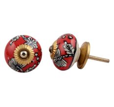 Red Leaf Floral Ceramic Knob