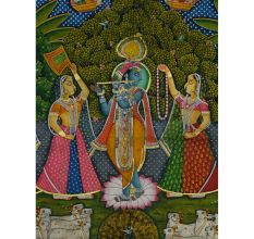 Pichwai Painting of Lord Krishna with Gopis and Cows