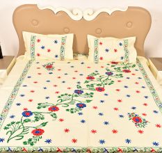 Cream Handmade Double Bed Sheet Linen with Multicolor Floral Design Beautiful Decorative Stylish