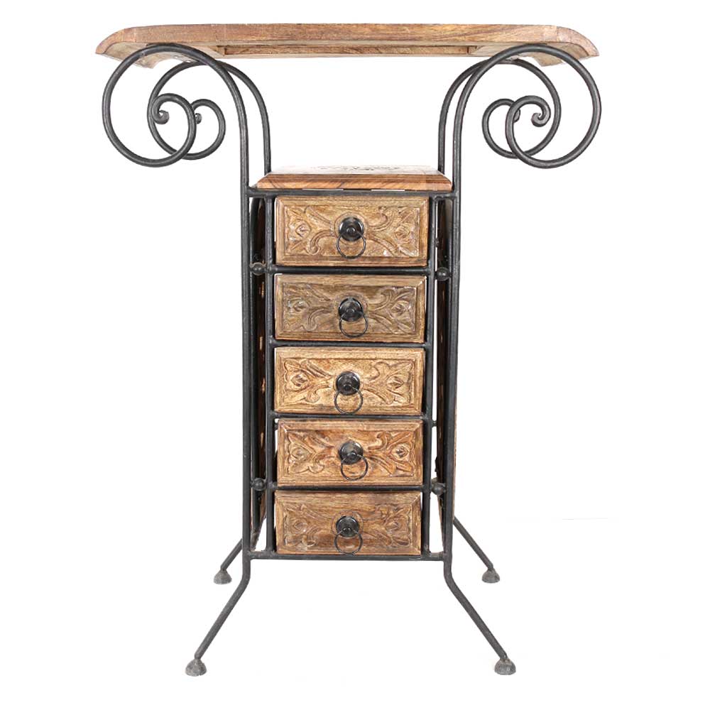 Wooden And Wrought Iron Hand Carved Cabinet With 6 Drawer