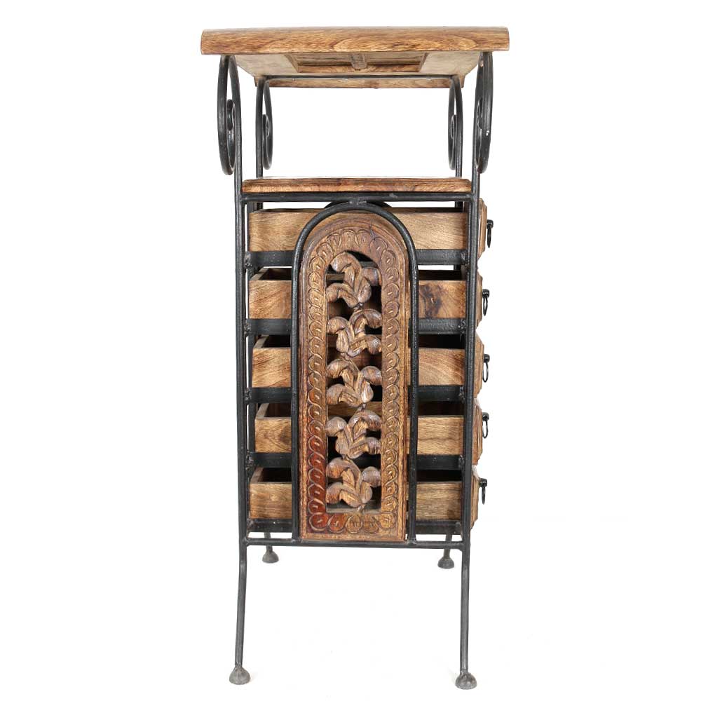 Wooden And Wrought Iron Hand Carved Cabinet With 6 Drawer