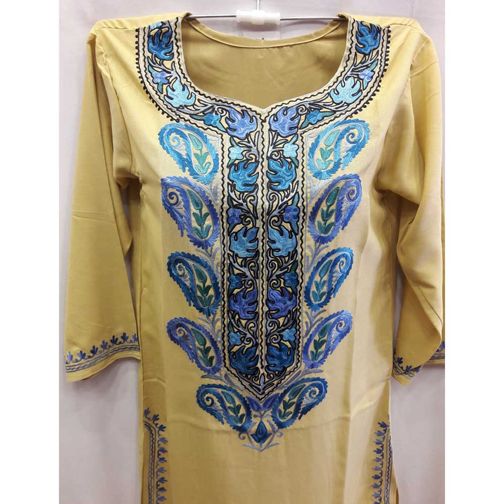 Stiched Cotton Kashmiri Kurti Yellow Blue Pasley Floral Border