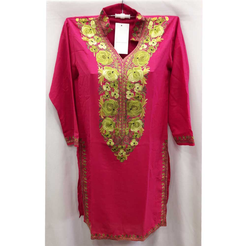 Stiched Cotton Kashmiri Pink Kurti Grass Green Pasley Floral Border