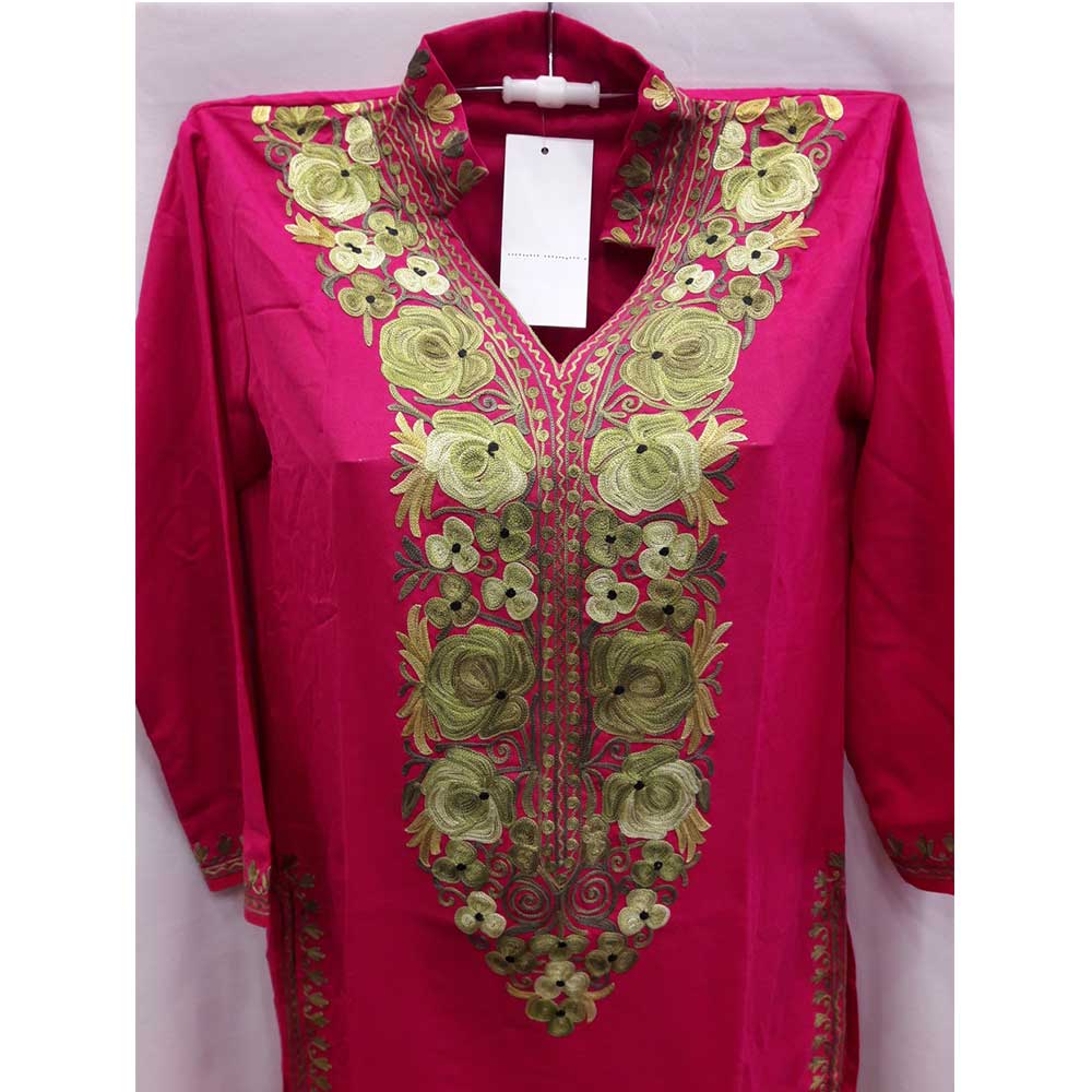 Stiched Cotton Kashmiri Pink Kurti Grass Green Pasley Floral Border