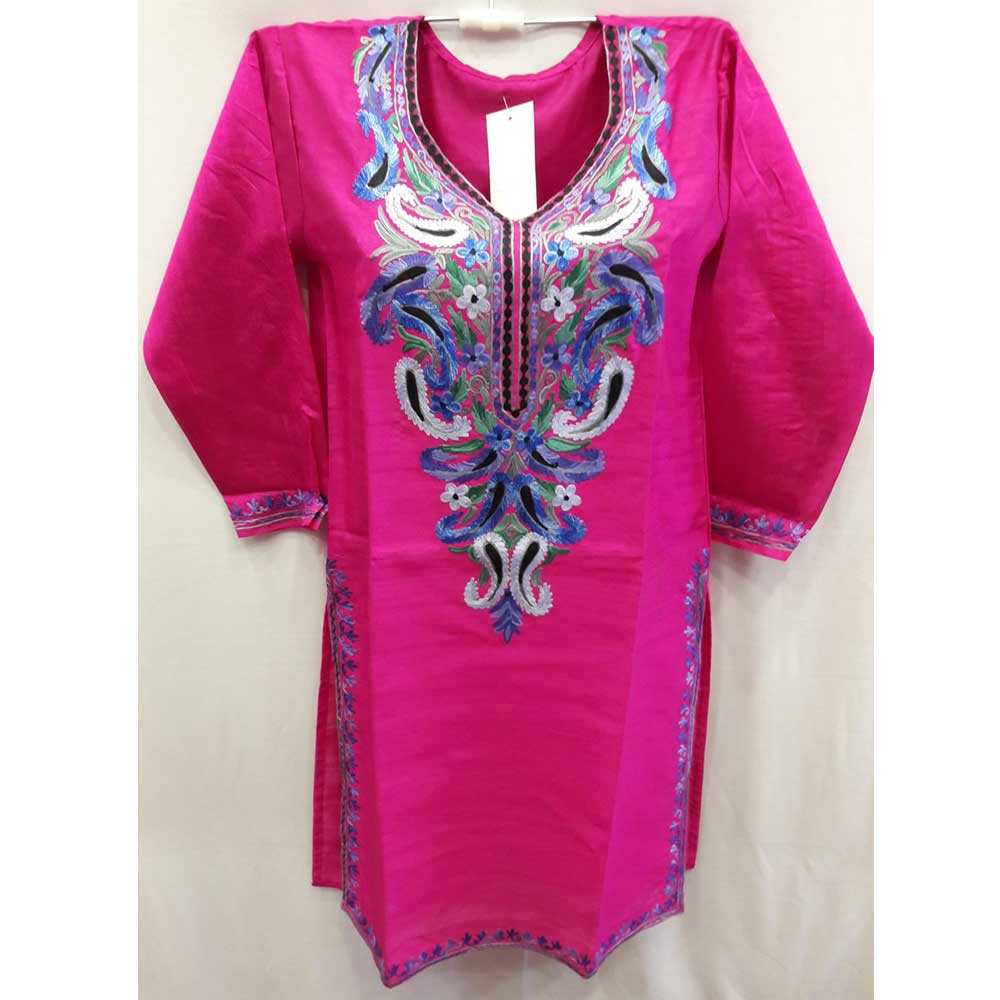 Hot Pink Summer Kashmiri Embroidered Long Kurti