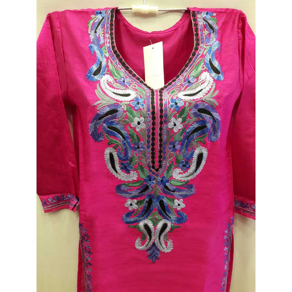 Hot Pink Summer Kashmiri Embroidered Long Kurti