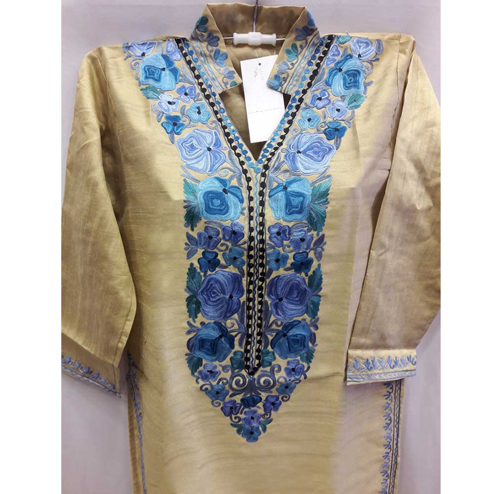 Golden Yellow Summer Kashmiri Embroidered Long Kurti