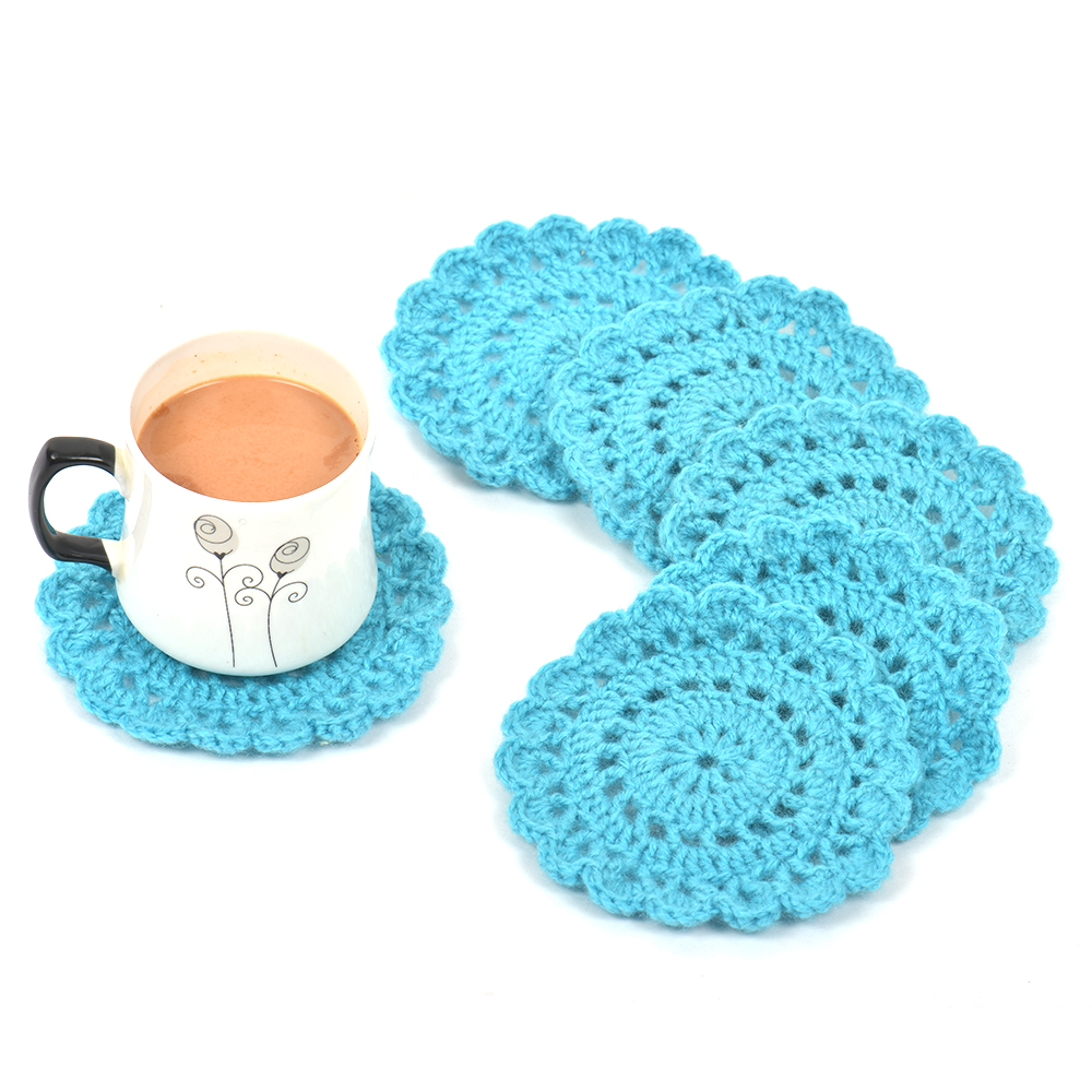 Sky Blue Round Handmade Woolen Coasters Pack Of 6