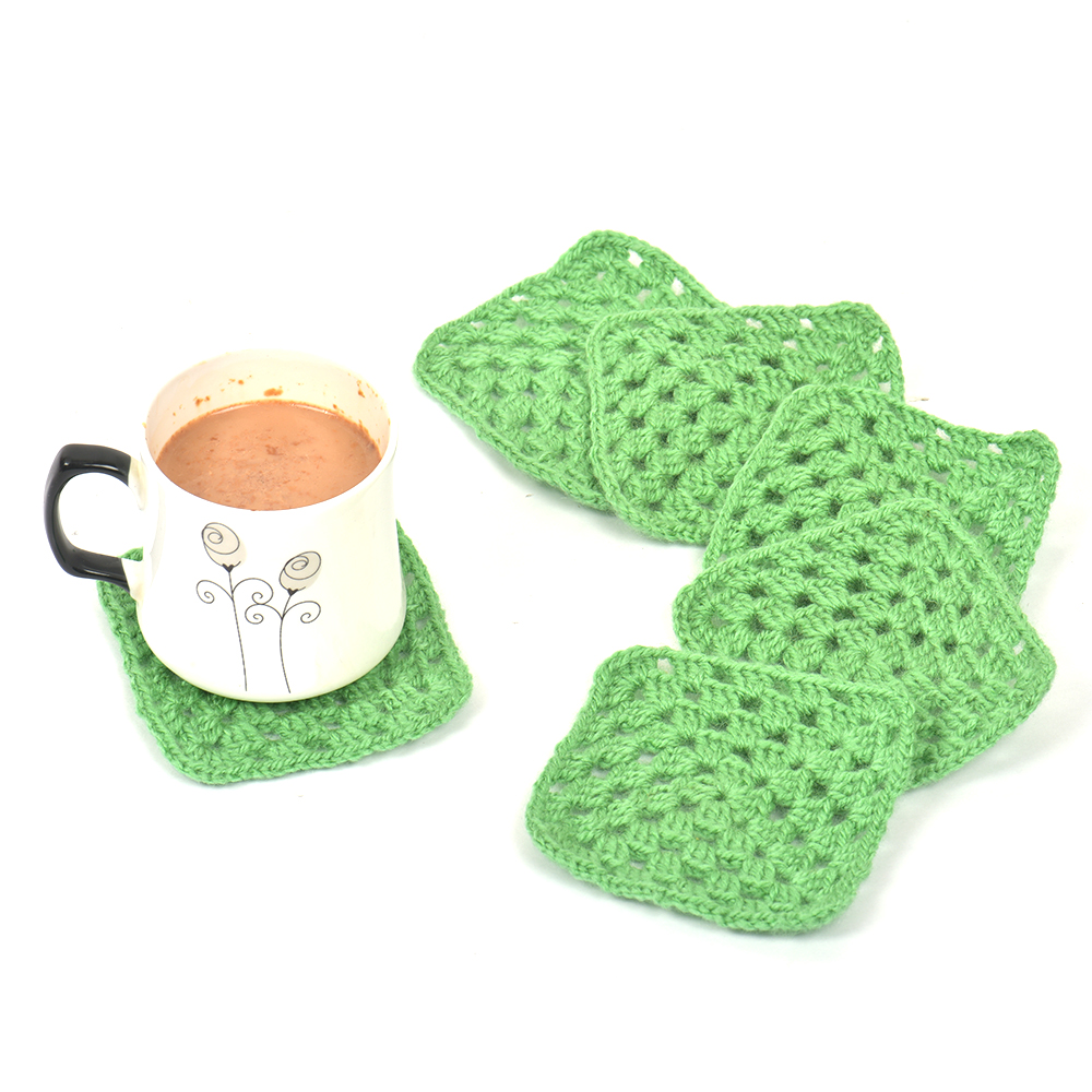 Grass Green Square Handmade Woolen Coasters Pack Of 6