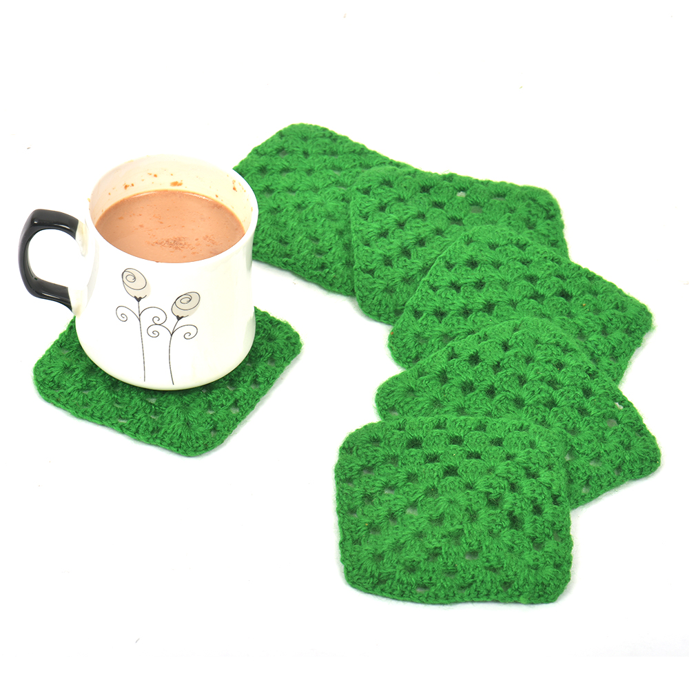 Green Square Handmade Woolen Coasters Pack Of 6