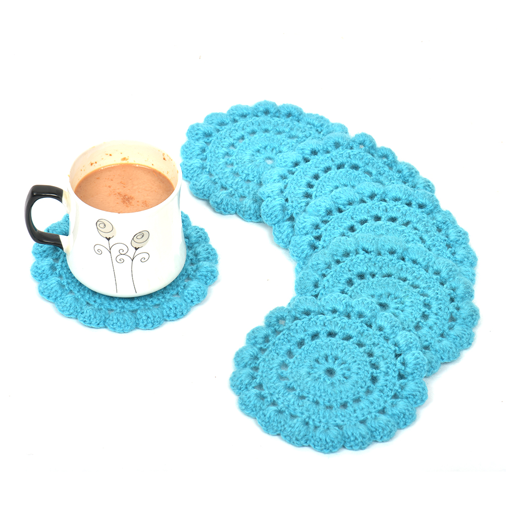 Turquoise Round Woolen Handmade Coasters Pack Of 6