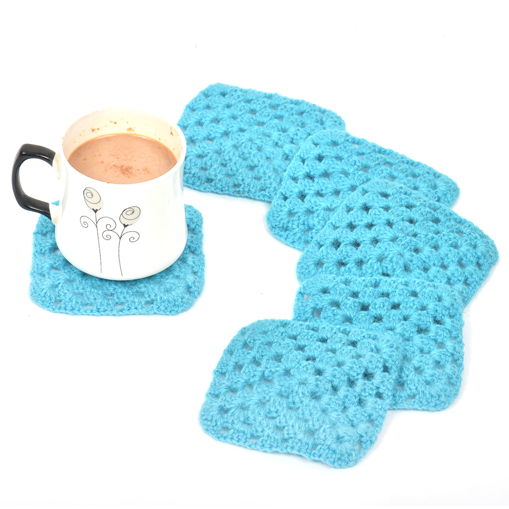 Turquoise Square Woolen Handmade Coasters Pack Of 6