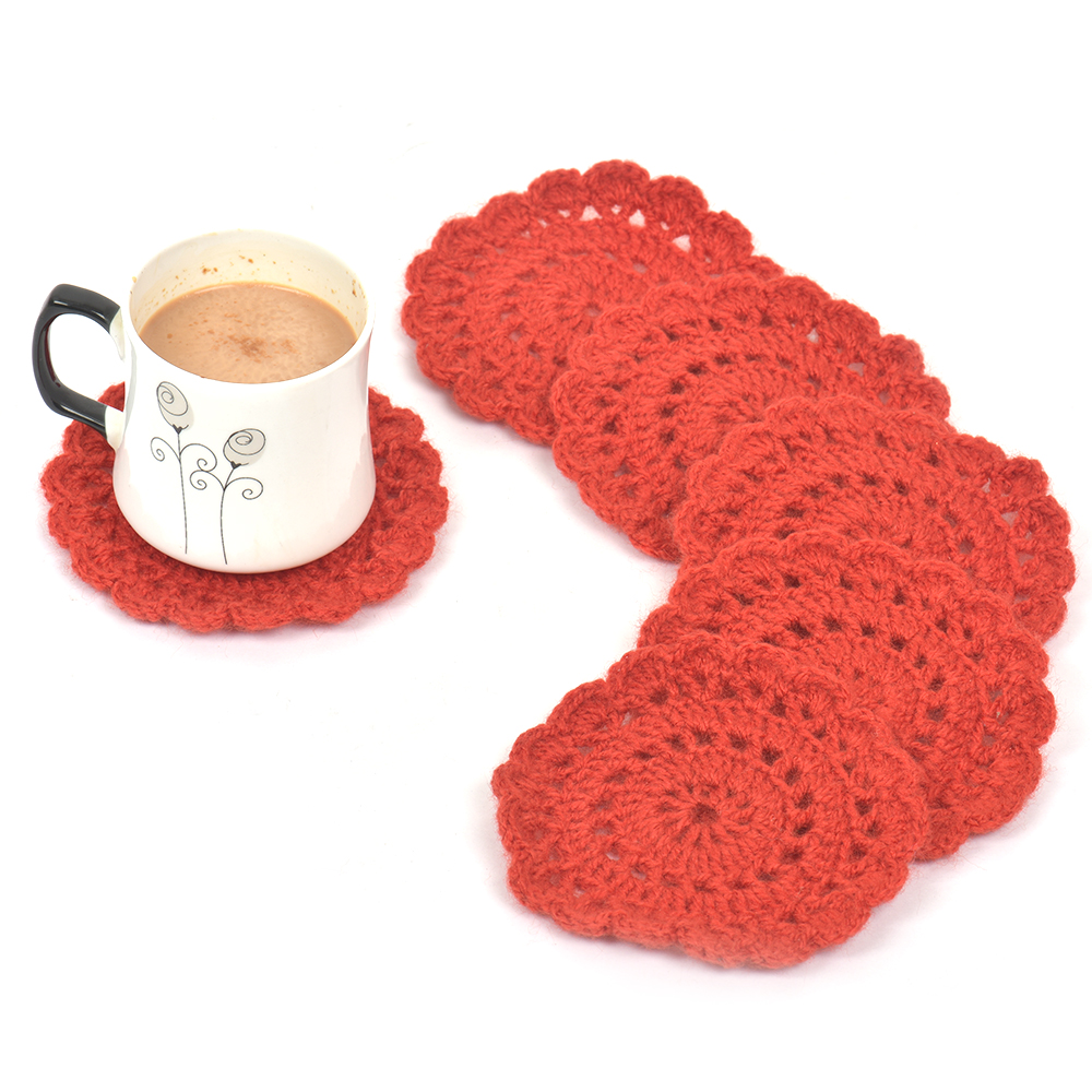 Red Round Handmade Woolen Coasters Pack Of 6