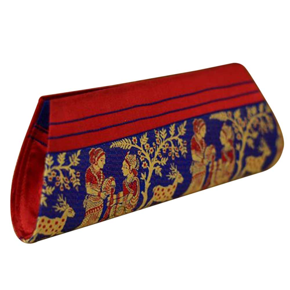 Navy Blue Red Border Conical Mythological Weave Pure Silk Baluchari Clutch Bag