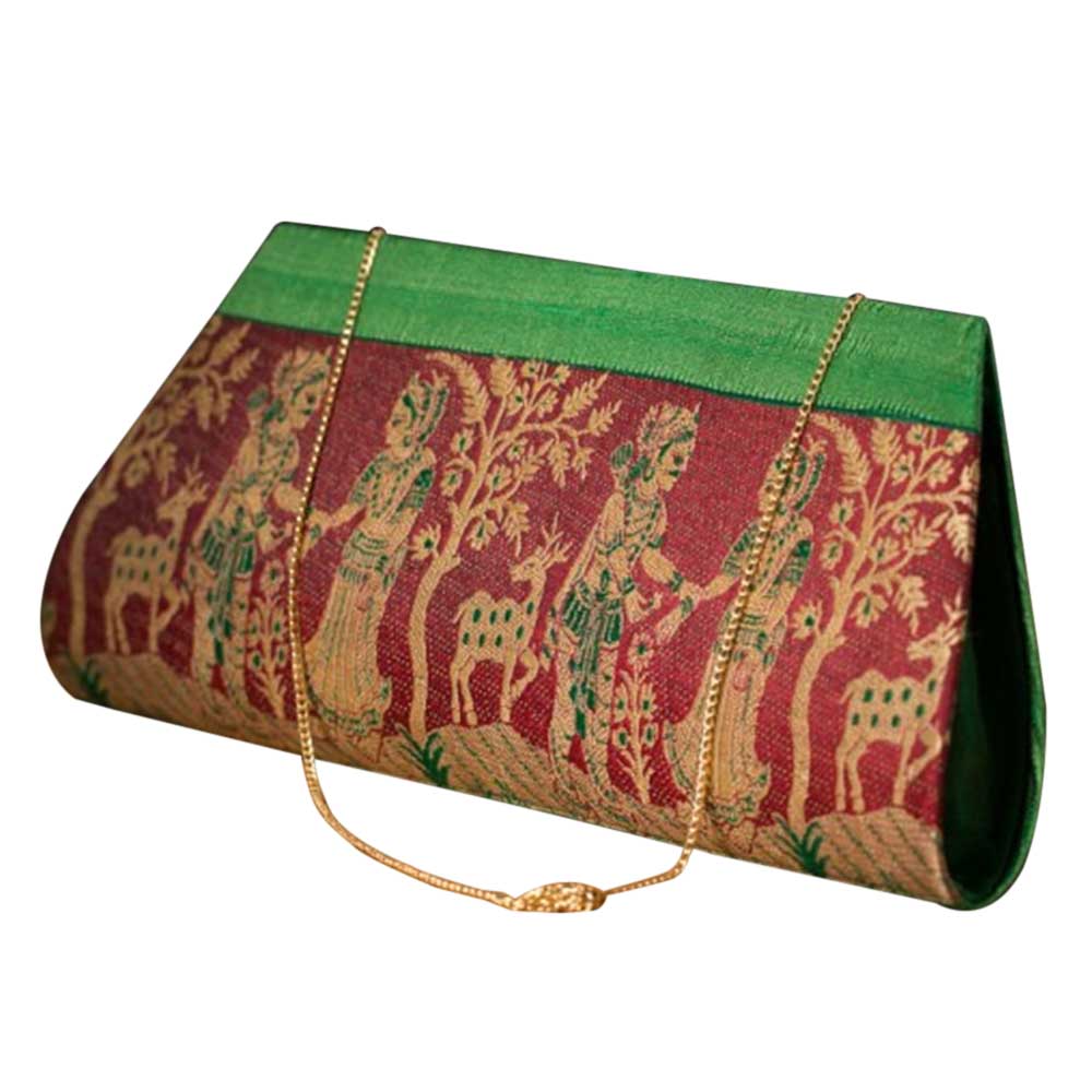 Maroon Green Border Mythological Dhokra Sling Clutch Bag