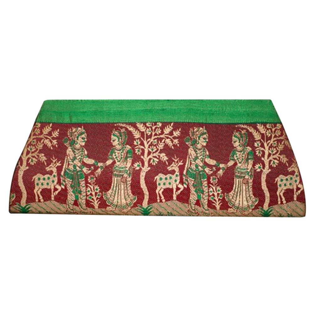 Maroon Green Border Mythological Dhokra Sling Clutch Bag