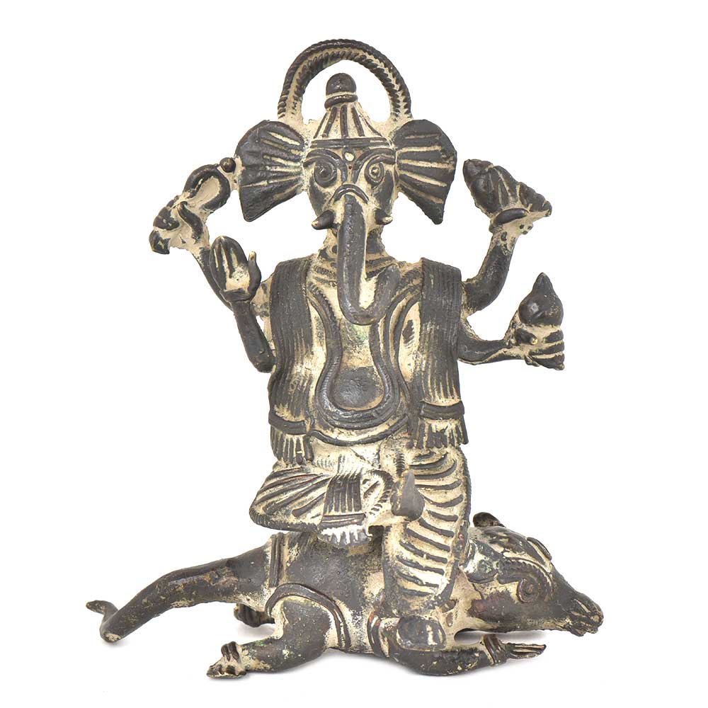 Bronze Vintage Finishing Ganesha Sitting On Seated Mushak Figurine