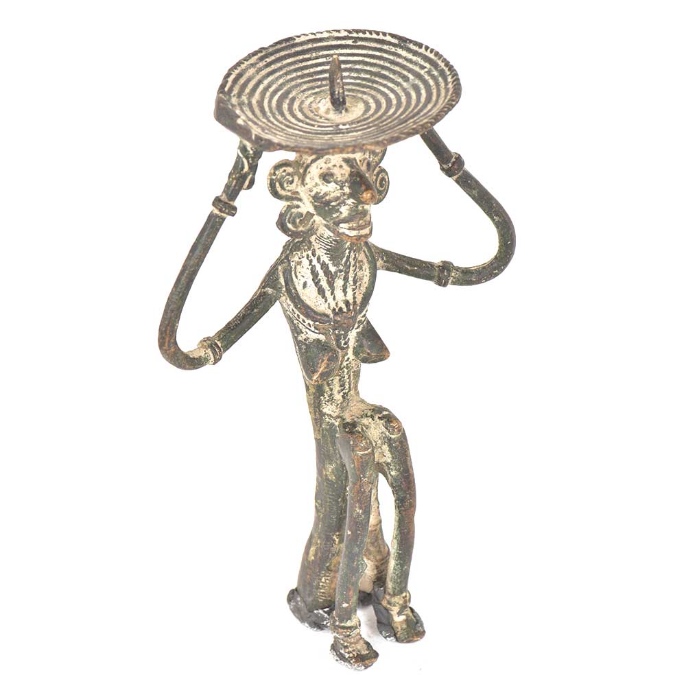 Bronze Tribal Candle Holder Lady Sitting On Raised Platform
