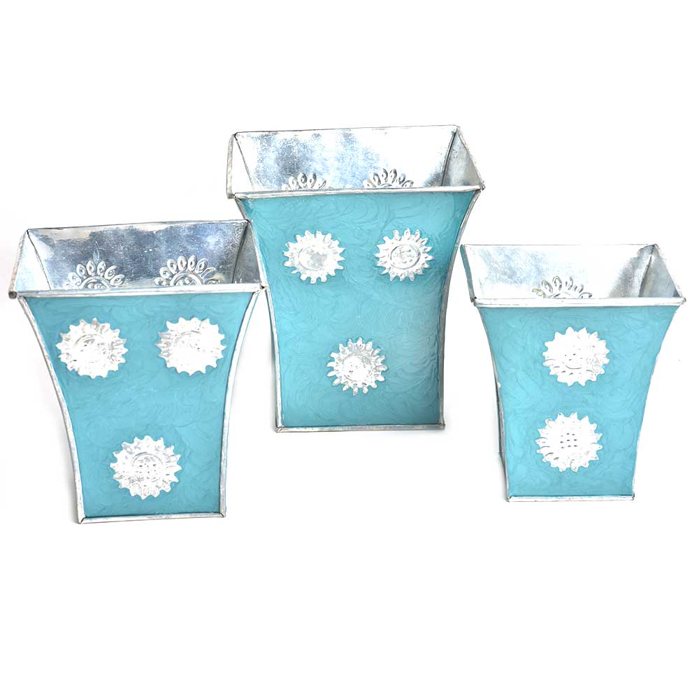 Blue Silver Engraved Metal Flower Pots and Planters In Set Of 3