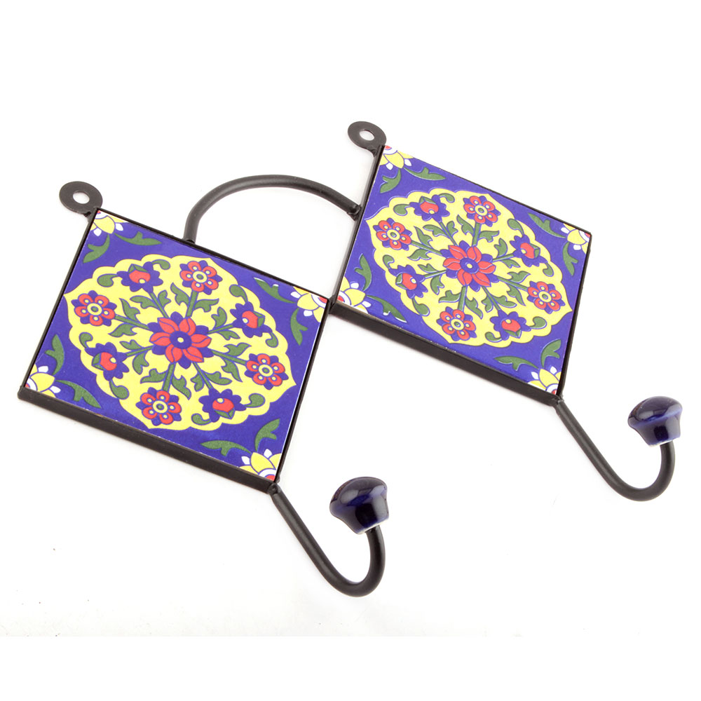 Navy Blue And Red Flower Ceramic Tiles Hooks