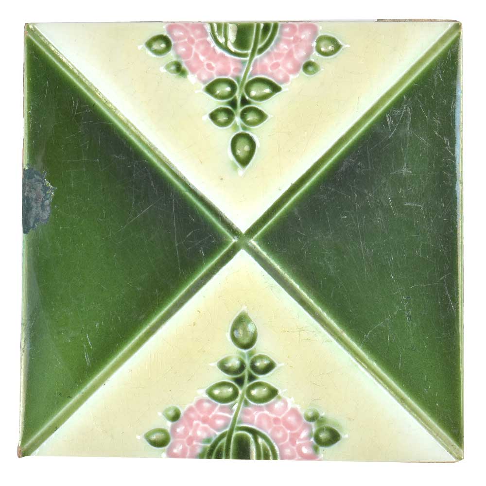 Green & Cream Coloured Ceramic Tile With Flower & Leaves Painted