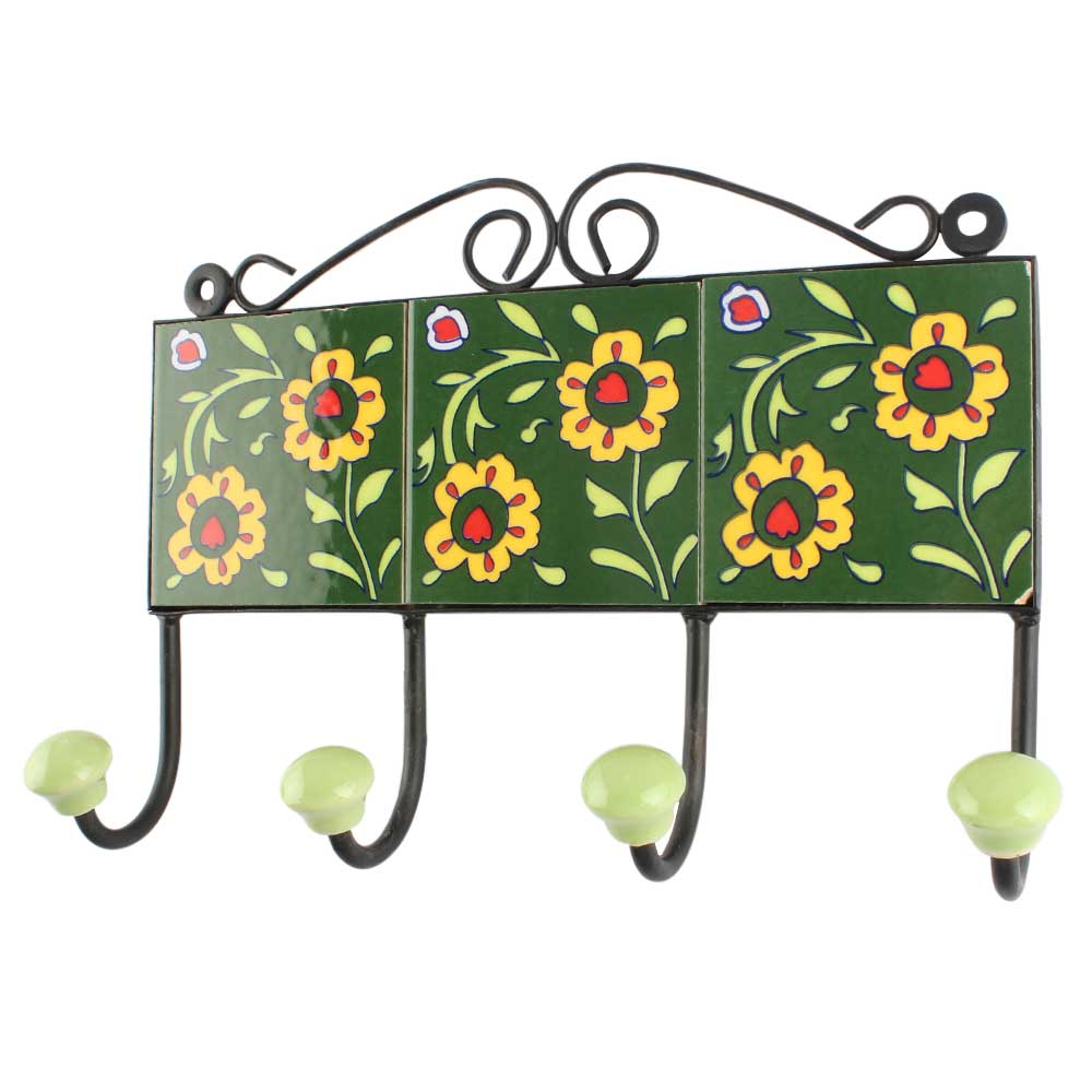 Forest Green Floral Ceramic Tile Hook