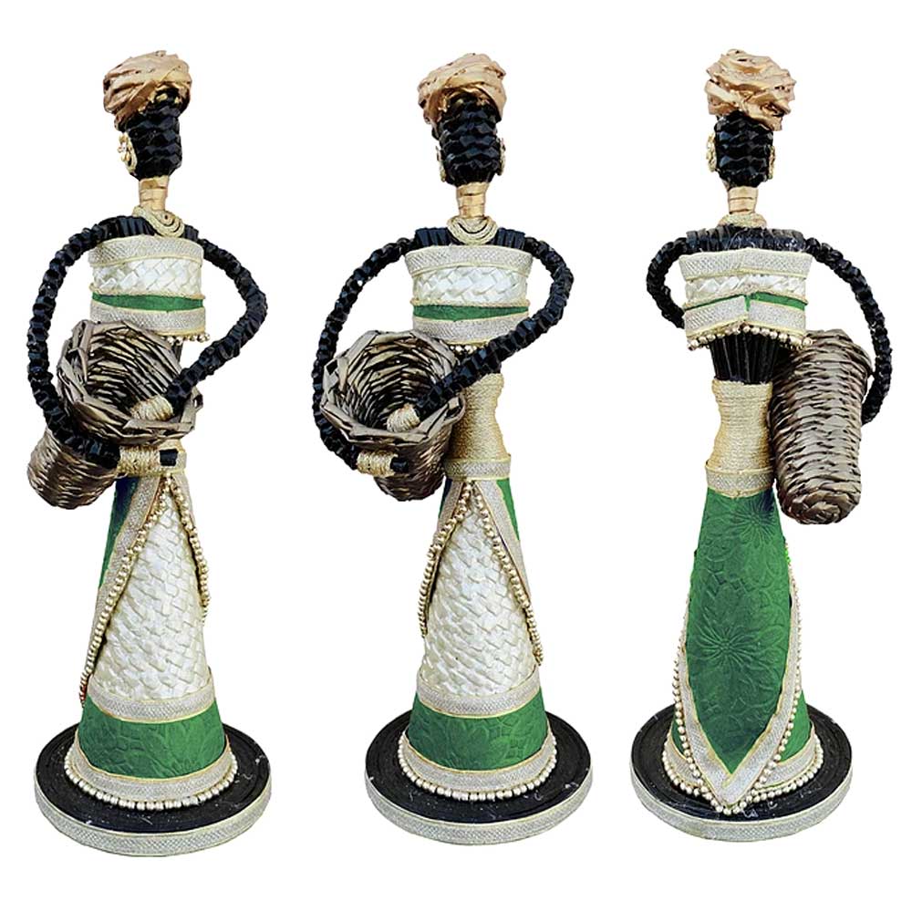 African Doll Showpiece In Green With Holding Basket With Two Hands