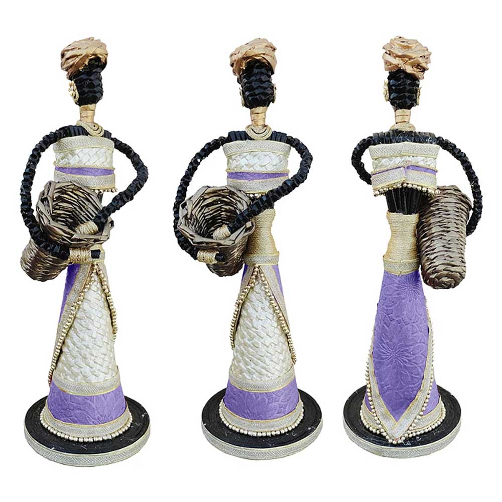 African Doll Showpiece In Purple With Holding Basket With Two Hands