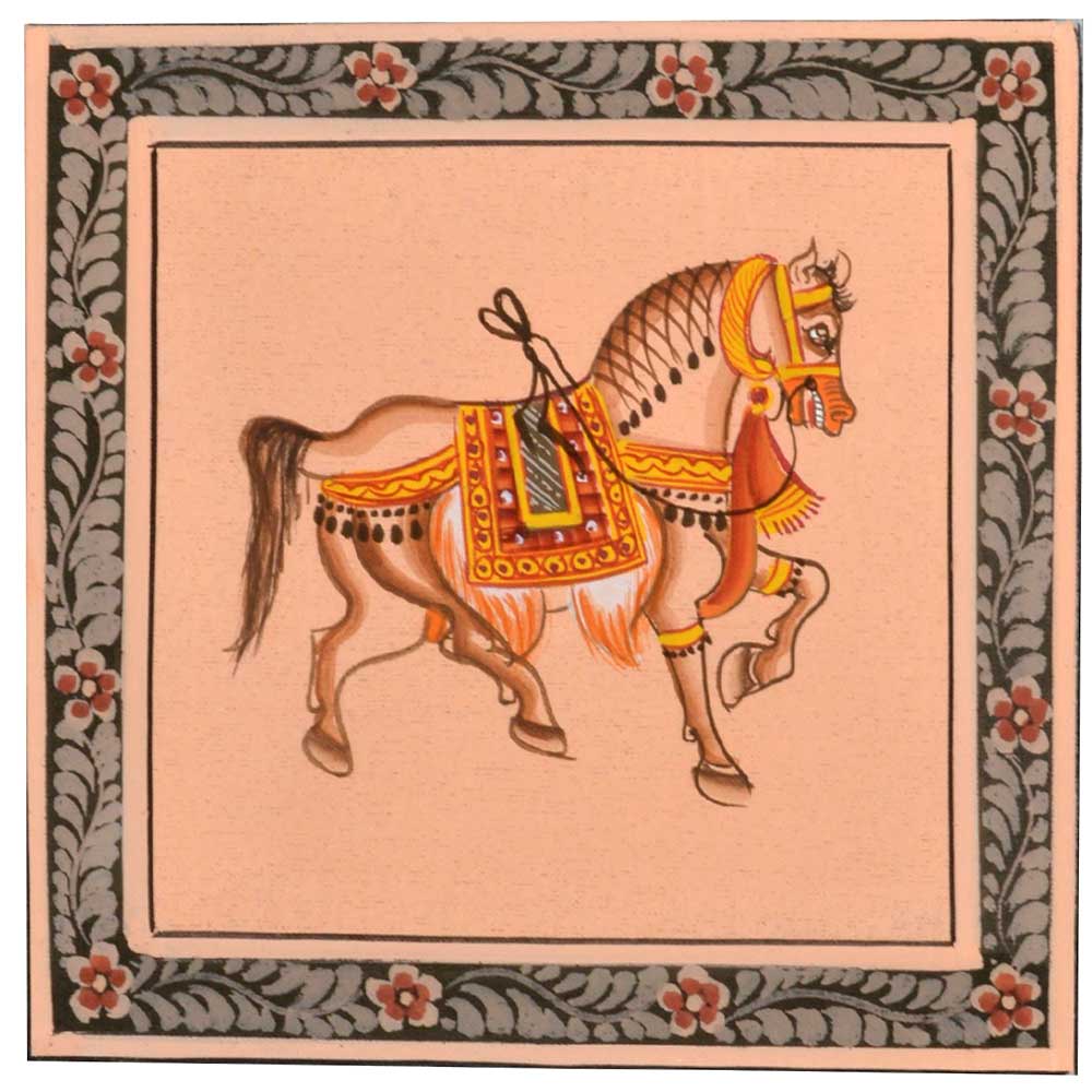 Handmade Greeting card -Miniature painting of Horse on silk cloth