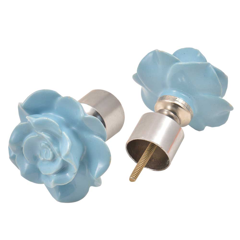 Blue Ceramic Rose Curtain Rod Finial Top In Pair