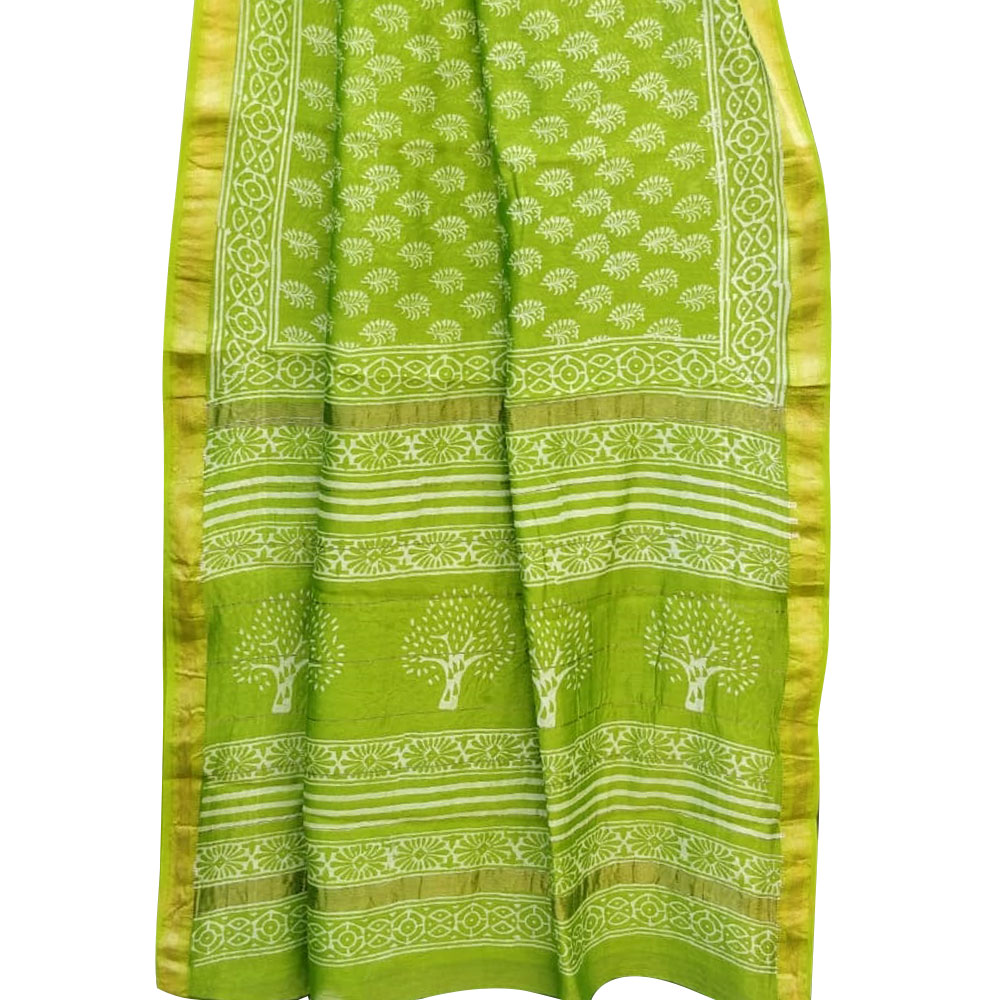 Green Chanderi Block Print Saree Floral Design Pattern And Golden Border With Blouse Piece