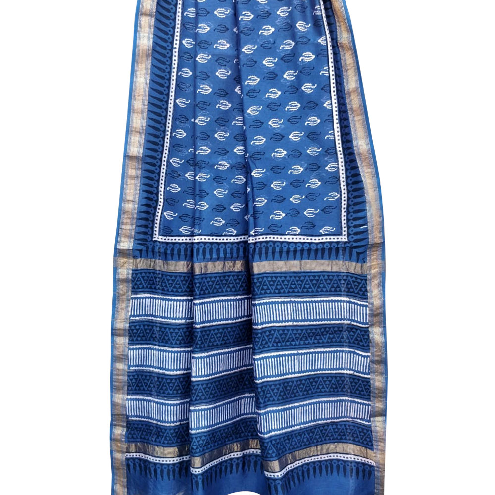 Indigo Chanderi Block Print Saree With Small Leaf Motifs With Golden Border And Blouse Piece