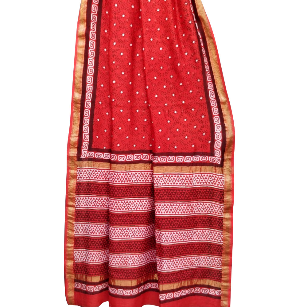 Brick Red Chanderi Block Print Saree With Golden Border And Blouse Piece