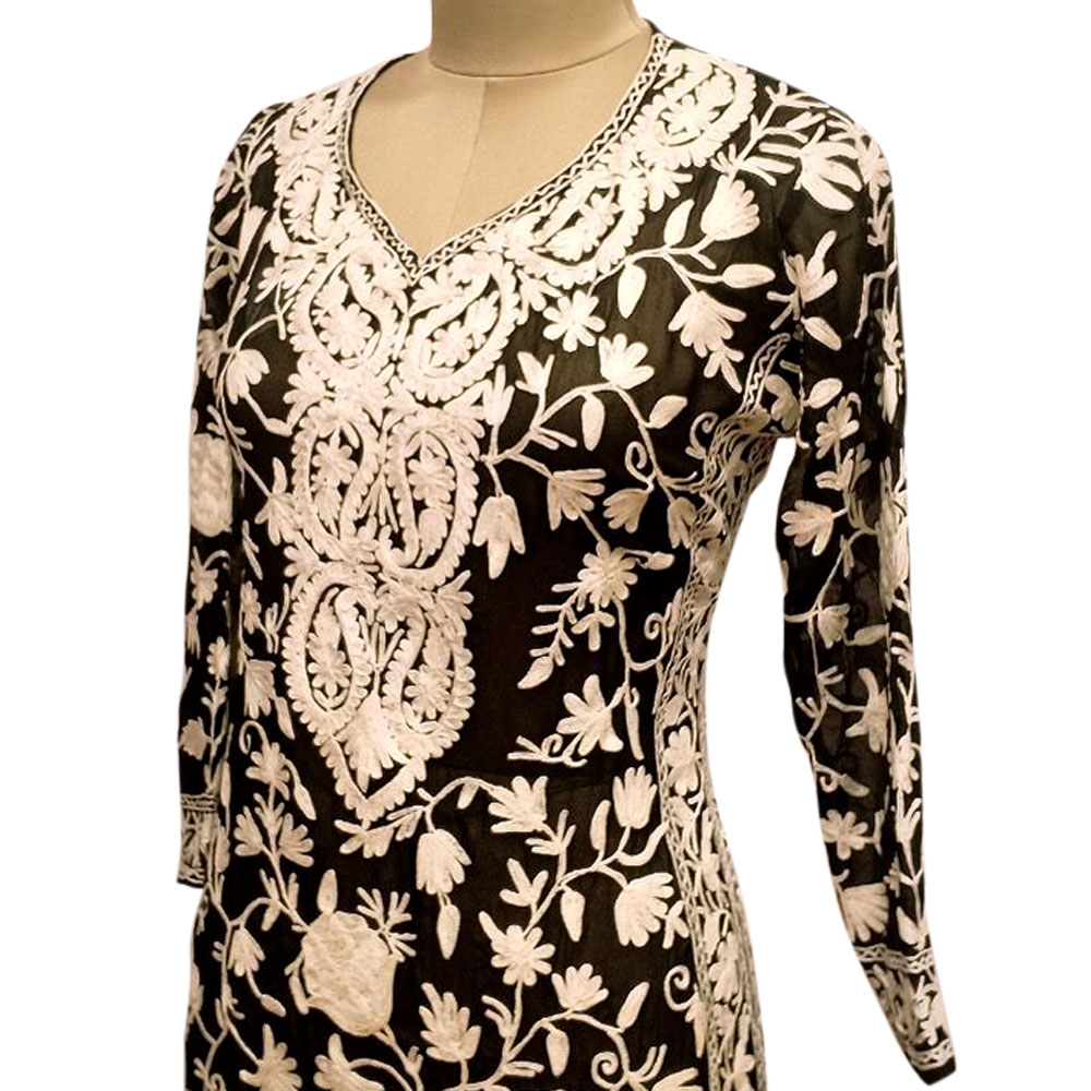 Black Designer Dress Fabric Georgette With Heavy Embroidery