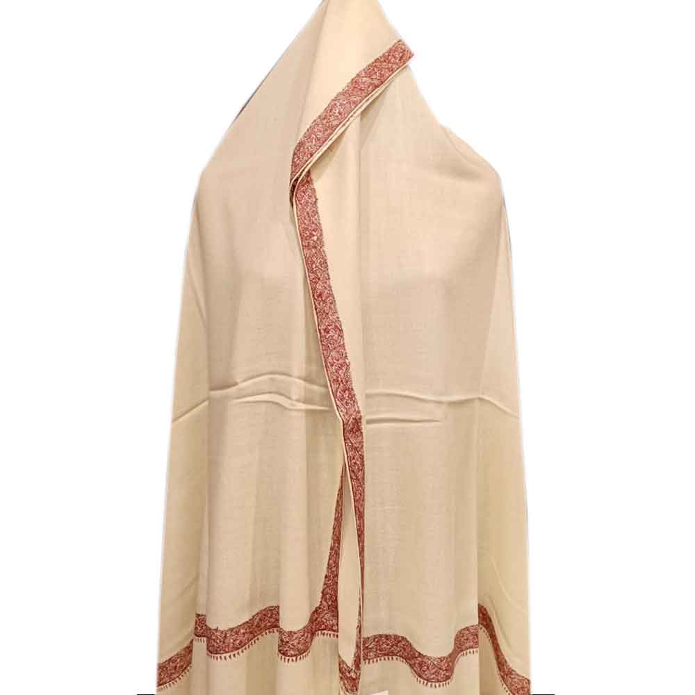 Handmade Cream Semi Pashmina Border Design Needle Work Shawl