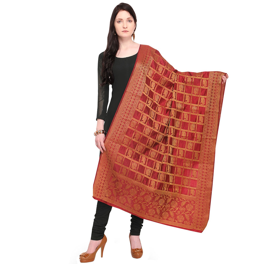 Marron Golden Banarsi Art Silk Dupappa