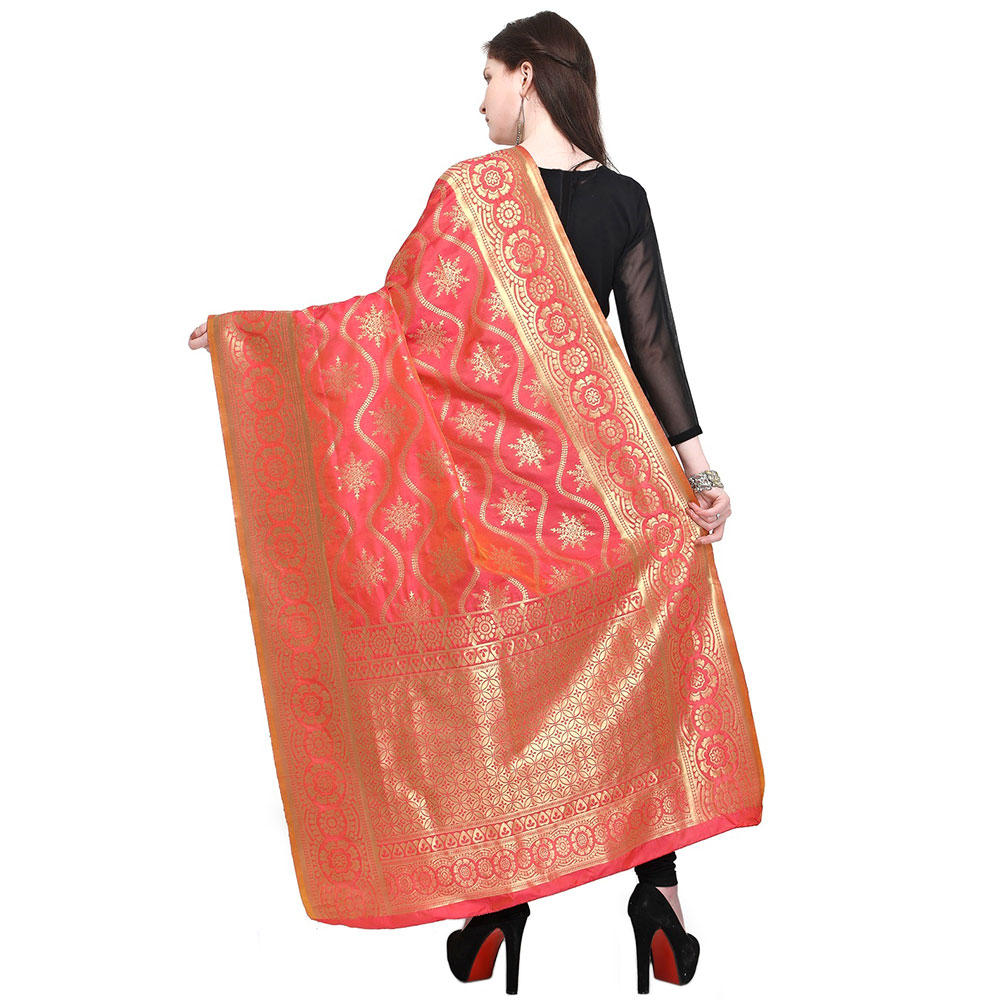 Red & Gold-Toned Woven Design Banarsi Silk Dupatta