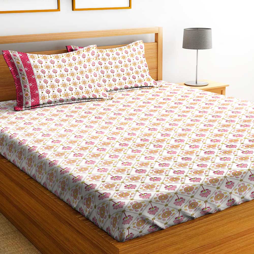Chic Home Premium Cotton Printed Double Bed Sheet with 2 Pillow Covers: