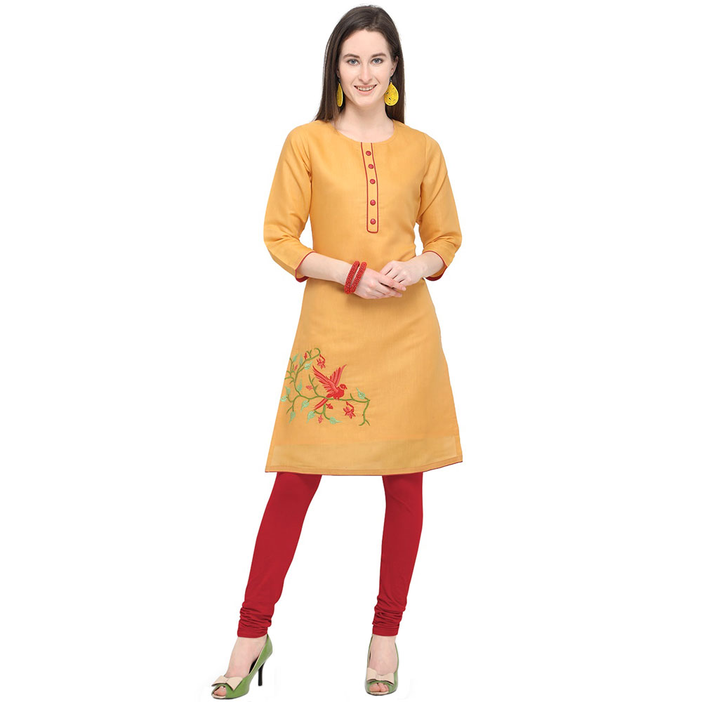 Pastel Orange Cotton Stitched Satin Fabric Kurtis With Full Cotton Inner