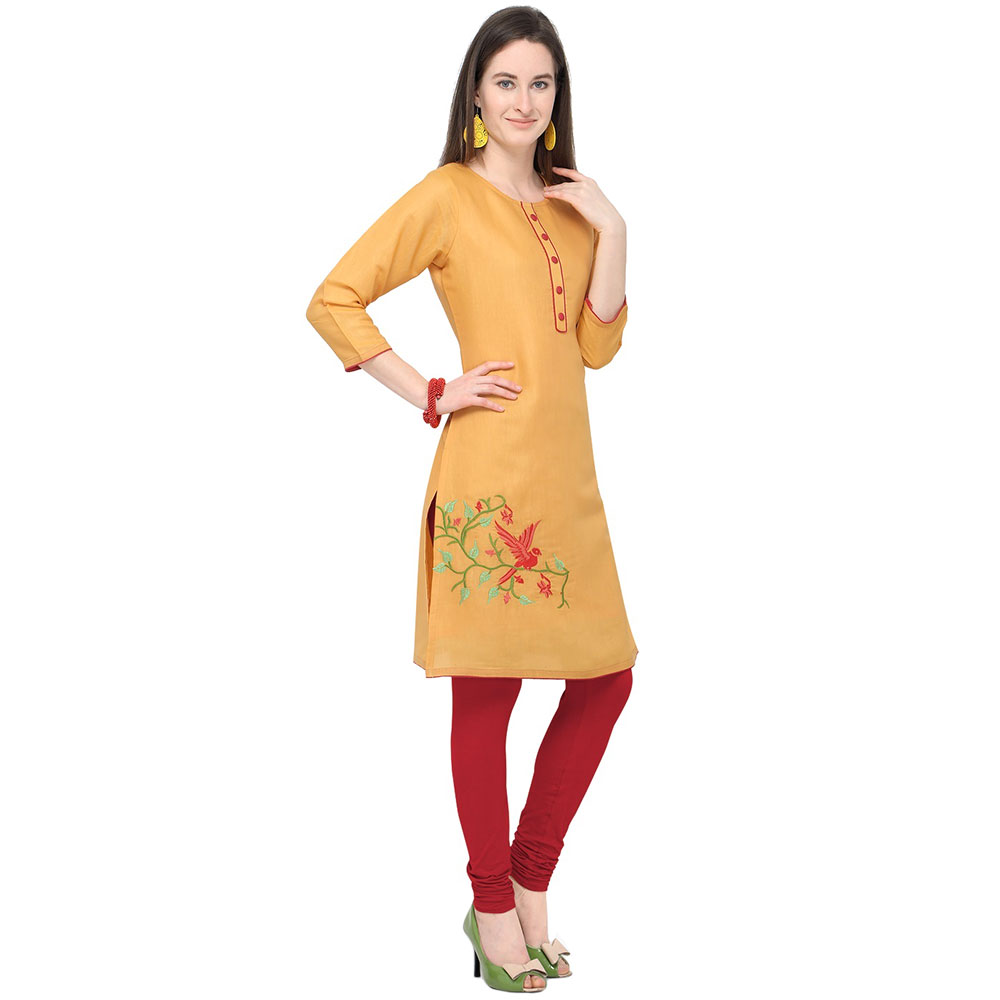 Pastel Orange Cotton Stitched Satin Fabric Kurtis With Full Cotton Inner