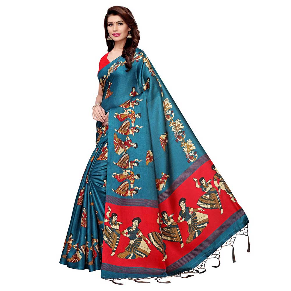 Blue With Red Kathak Women's Khadi Silk Printed Saree With Blouse Piece