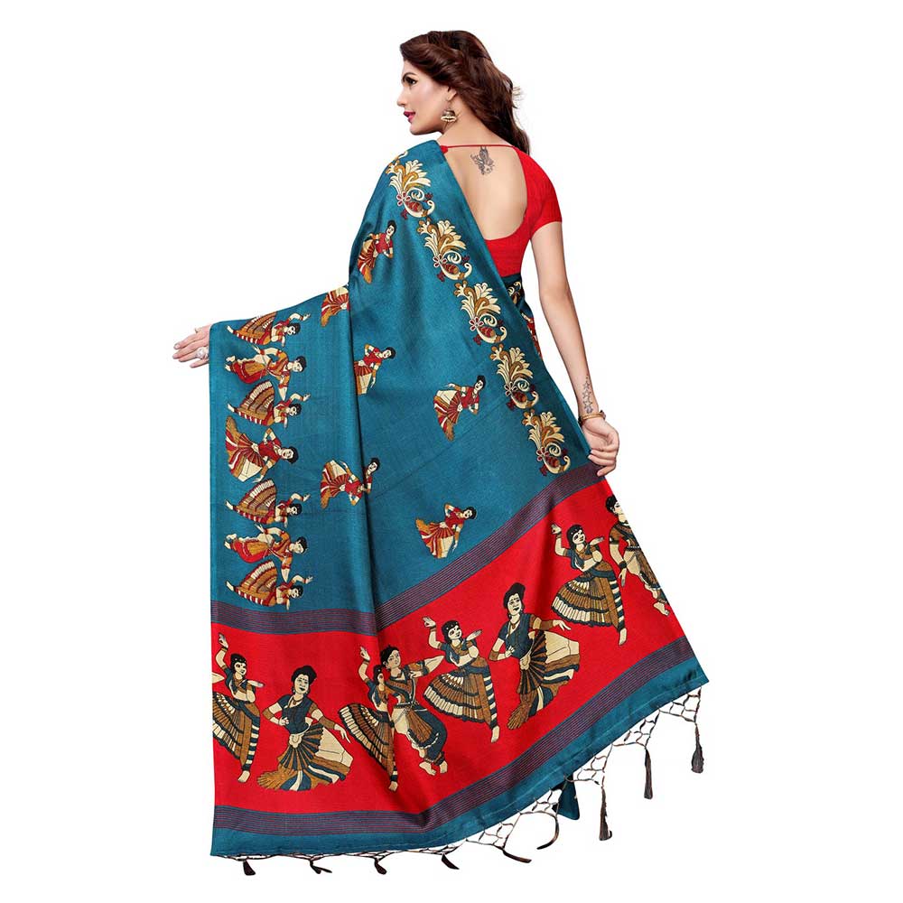 Blue With Red Kathak Women's Khadi Silk Printed Saree With Blouse Piece